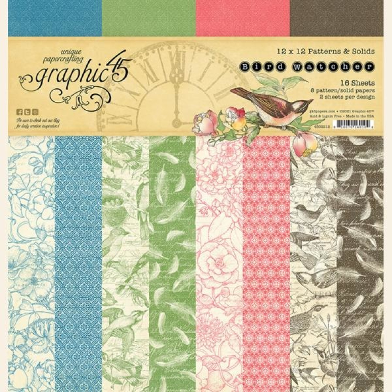 Graphic 45 Bird Watcher Time 12x12 Inch Patterns & Solids Paper Pad (4502212)