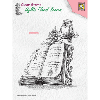 Nellie Snellen • Idyllic Floral Scenes Clear Stempel Scene with Book and Owl 100x112,5mm  IFS013