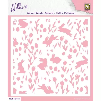 Nellie Snellen • Stencil 15x15cm Background Rabbits & Tulips (MMS4K-043)