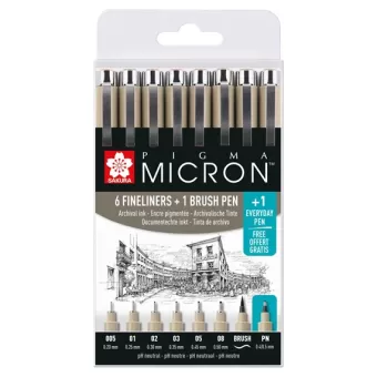 SAKURA Pigma Micron Etui Promotieset met 7 fineliners Zwart + 1 gratis Pigma Micron PN (POXSDK8S)