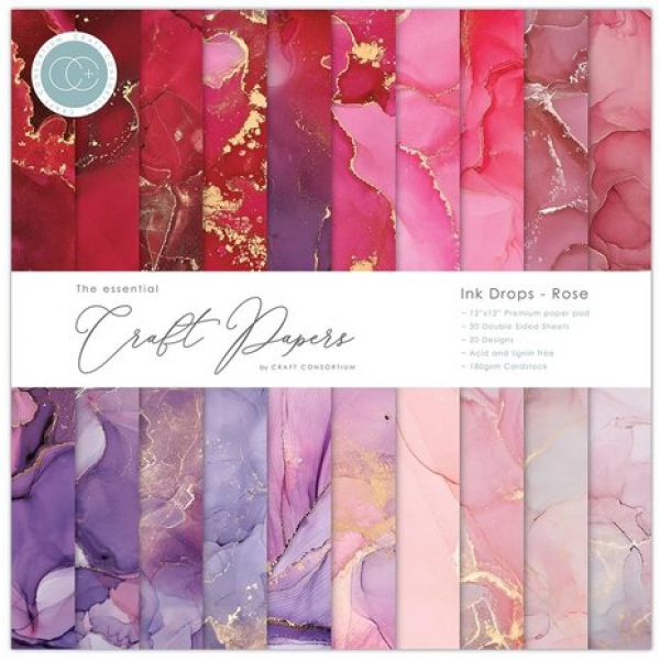 Craft Consortium Essential Craft Papers 12x12 Inch Paper Pad Ink Drops - Rose (CCEPAD022)
