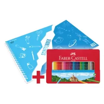 Faber-Castell Kleurpotlood Castle zeskantig 36 stuks in metalen blik + gratis A3 Kangaro schetsboek (FC-115886-A)