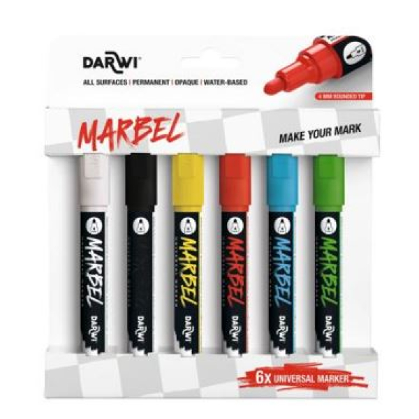 MARBEL Set van 6 Universele Markers met Medium Ronde Punt 4mm, Primair assortiment (DA0226004K03C)