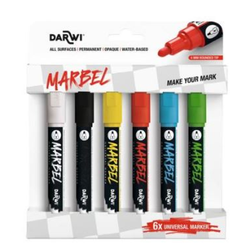Marbel Set van 6 Universele Markers met Medium Ronde Punt 4mm, Primair assortiment (DA0226004K03C)