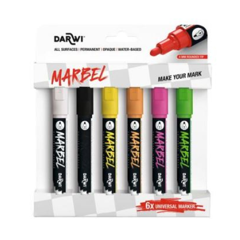 Marbel Set van 6 Universele Markers met Medium Ronde Punt, Fluo assortiment  (DA0246004K01C)