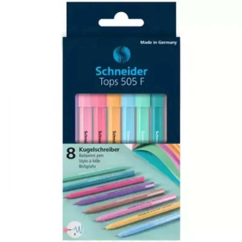 Schneider Balpen  Tops 505 F set 8 stuks pastel, blauwschrijvend (S-150598)