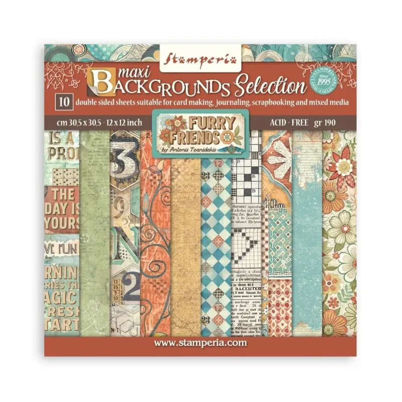 Stamperia Furry Friends 12x12 Inch Paper Pack Maxi Background Selection (SBBL177)