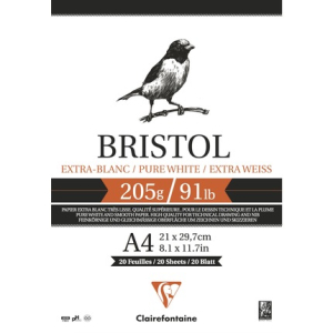 Clairefontaine Blok Bristol 20 blad 205g 21x29,7cm. - Wit (96173C)