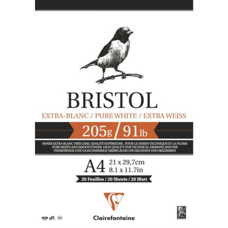 Clairefontaine Blok Bristol 20 blad 205g 21x29,7cm. - Wit (96173C)