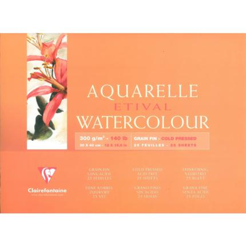 Clairefontaine Blok Etival Aquarel 25 blad 30x40cm 300g fijne korrel & gelijmd 4 zijden (96472C)