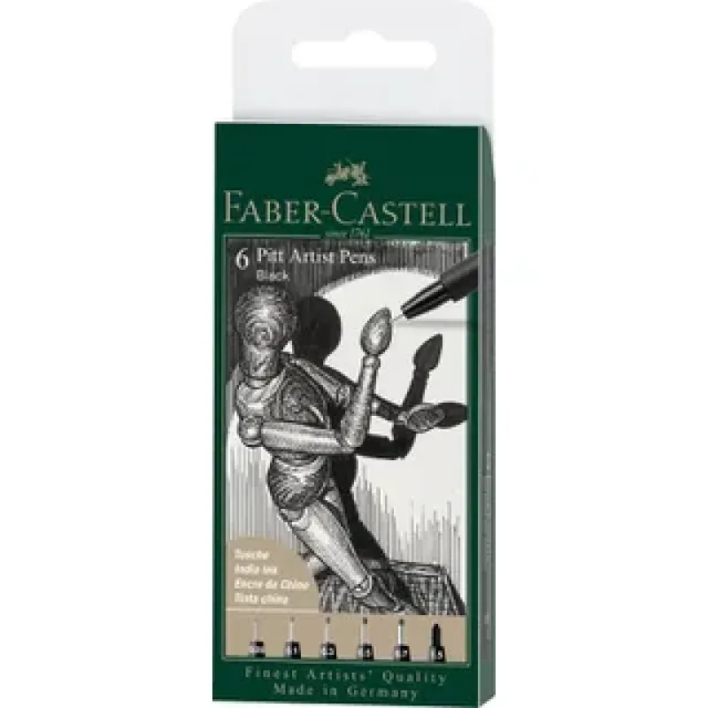Faber-Castell Pitt Artist Tekenstift Pen etui 6 stuks 199 zwart lijndiktes XXS, XS, S, F, M, 1.5 (FC-167154)
