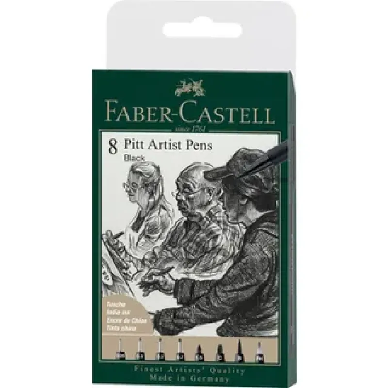 Faber-Castell Pitt Artist Pen etui 8 stuks 199 zwart lijndiktes XXS, S, F, M, B, C, 1.5, FH (FC-167158)